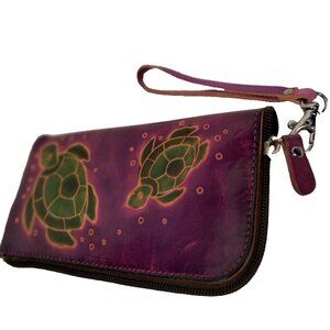 Sea Turtle Tooled Leather Wallet Wristlet Purple Green Zip Up Clutch Case 7.5x4"